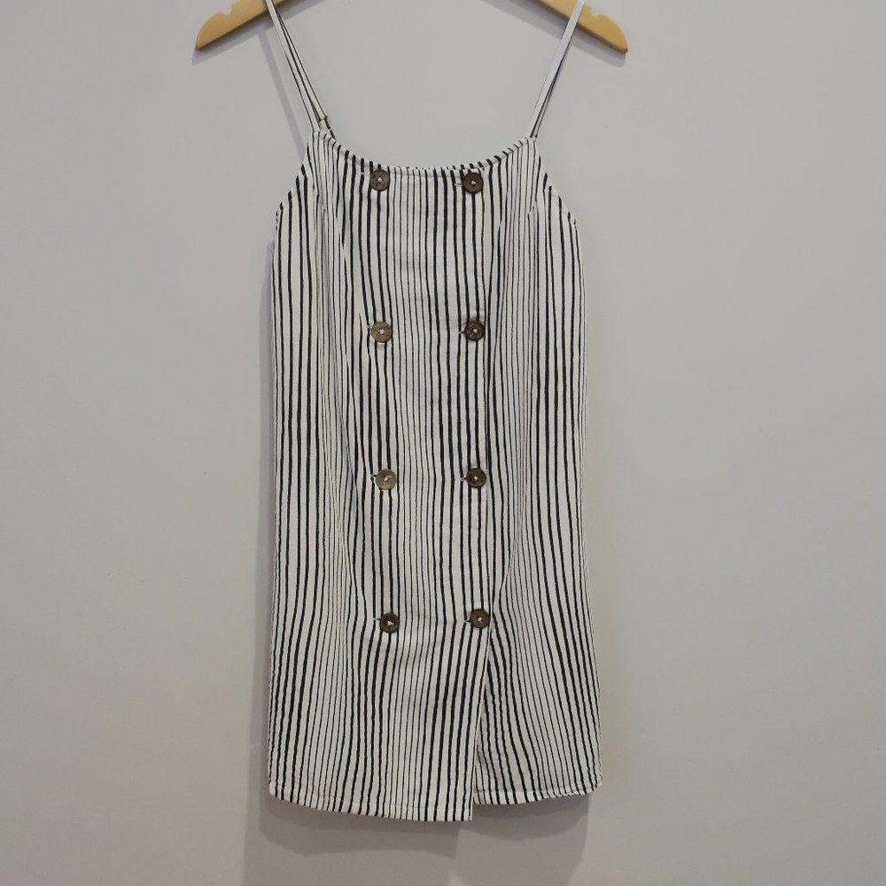 BILLABONG striped mini dress spaghetti straps double breast flax black white XS